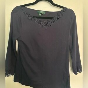 Lauren Ralph Lauren Petite Womens 3/4 sleeve lace detailed navy Petite Medium
